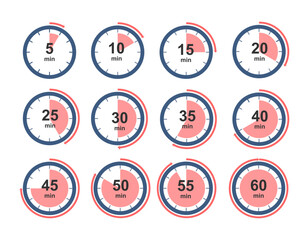 set of countdown timer icon symbol. from 5 minute to 60 minute. timer clock stopwatch vector isolated on white background. - obrazy, fototapety, plakaty