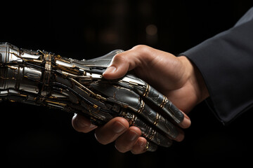 Obraz premium Handshake between a robot and a human, symbolizing the synergy between technology and humanity. Ai generated
