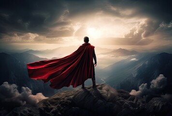 Man with red cape on the top of mountain with cloudy sky background. - obrazy, fototapety, plakaty