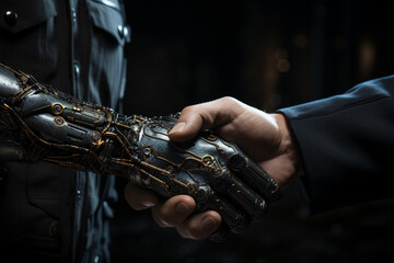 Handshake between a robot and a human, symbolizing the synergy between technology and humanity. Ai generated