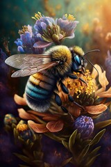 bee sits on flower, flower meadow - obrazy, fototapety, plakaty