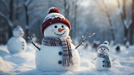 Fototapeta premium Happy snowman in winter scenery as a symbol of Christmas and New Year holidays in the beautiful light of sunset with copy space. A snowman in a cap and a scarf.