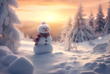 Obraz premium Happy snowman in winter scenery as a symbol of Christmas and New Year holidays in the beautiful light of sunset with copy space. A snowman in a cap and a scarf.