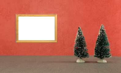 christmas card with two green trees on red background
