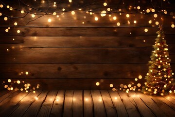 Christmas background. planked wood with lights and free text space.