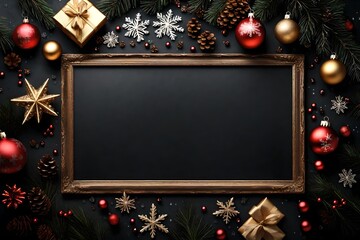 Fototapeta na wymiar Christmas or New Year dark background, black board framed with season decorations, space for a text.