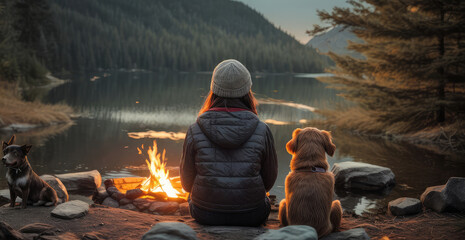 An attractive view of the lake at sunset is being admired by a woman and her dog as they relax next to a campfire. An alliance between a dog and a human - Powered by Adobe