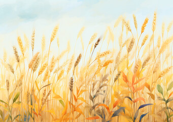 黄金色の麦、小麦　水彩画　イラスト - obrazy, fototapety, plakaty