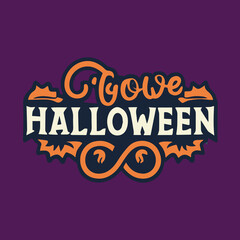 Happy Halloween Typography Logo Lettering on Purple Background with Bats, Pumpkin and Horror Theme