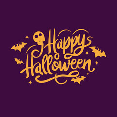 Happy Halloween Typography Logo Lettering on Purple Background with Bats, Pumpkin and Horror Theme