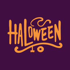 Happy Halloween Typography Logo Lettering on Purple Background with Bats, Pumpkin and Horror Theme