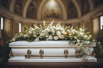 closeup shot of a colorful casket in a hearse or chapel before funeral or burial at cemetery - obrazy, fototapety, plakaty