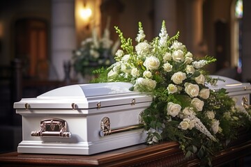 closeup shot of a colorful casket in a hearse or chapel before funeral or burial at cemetery