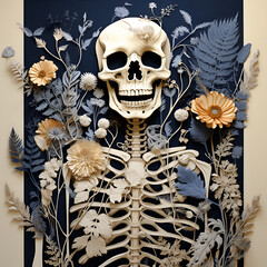 paper skeleton in collage technique. Dried Flowers and Skull. Creativity from paper.