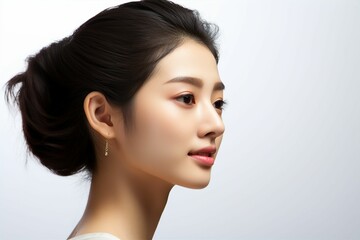 肌の綺麗な日本人女性の横顔（アジア人・白背景・背景なし） - obrazy, fototapety, plakaty