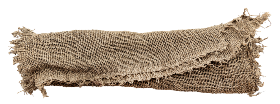 Burlap texture. A piece of torn and twisted burlap on a white background. Canvas. Packaging material. Jute