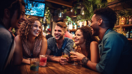 Multiracial friends celebrating party drinking cocktails at bar restaurant - Young people having fun hanging out on weekend day - Life style concept with guys and girls enjoying time together - obrazy, fototapety, plakaty