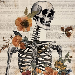 paper skeleton in collage technique. Dried Flowers and Skull. Creativity from paper. - 658565309