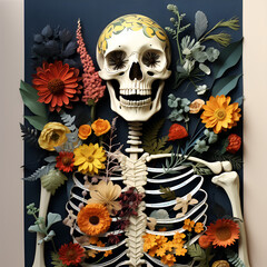 paper skeleton in collage technique. Dried Flowers and Skull. Creativity from paper. - 658565314