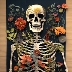 paper skeleton in collage technique. Dried Flowers and Skull. Creativity from paper. - 658565333