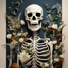 paper skeleton in collage technique. Dried Flowers and Skull. Creativity from paper. - 658565363