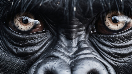 A close-up of the fierce eyes of a powerful gorilla, set against a clean white background