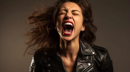 Fotobehang Portrait of a beautiful rocker woman in a black leather jacket on a studio background. Screaming girl isolted exemplifies youthful rebellion, alternative fashion, self-expression © Ramesh Design