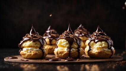 Profiteroles with cream and chocolate Ganache in a dark background. cream puffs drizzled with chocolate ganache.