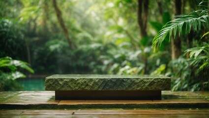 Obraz premium Natural stone podium in natural background with green leaves in the green jungle. Empty showcase for packaging product presentation. Background for cosmetic products. Mock up pedestal.