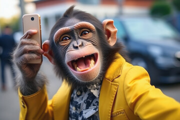 Monkey as a smiling man taking self portrait on city street. He is dressed in yellow jacket. Generative AI - obrazy, fototapety, plakaty