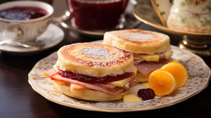 A Monte Cristo English muffin: a golden-brown delight filled with ham, turkey, and Swiss cheese, perfectly toasted for a crispy, melty treat.