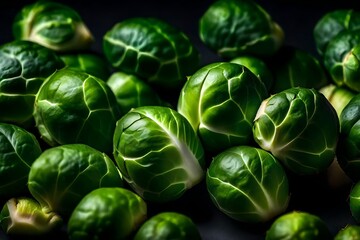 ﻿A close-up picture of Brussels sprouts taken indoors with a dark background.. AI Generated