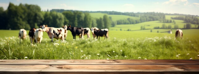 Wooden tabletop with cows on green field pasture background, in the style of bokeh panorama. Generative AI. - obrazy, fototapety, plakaty