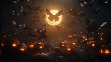 A pumpkin adorned with a swarm of ghostly butterflies, their transparent wings fluttering softly in the night. 