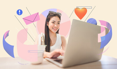 Young asian woman using laptop computer using internet online and work in collage contemporary art...