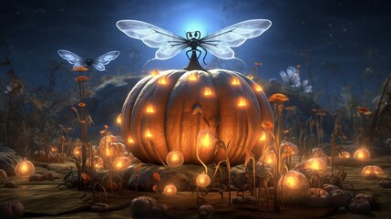A pumpkin adorned with a swarm of ghostly dragonflies, their transparent wings shimmering in the moonlight. 