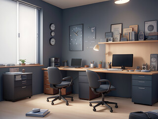 Office of business person modern room with 3d realistic vector interior background. Laptop rack with clock and flowerpots illustration, Generative AI