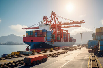 Cargo tanker in the port for unloading, loading. Export import of goods. Commercial delivery. AI generated.