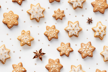 Seamless Tile Pattern, Top Down Photograph, Christmas Tree Cookies Isolated on a White Background, Generative AI