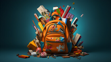 School bag with stationery on isolated backgroun