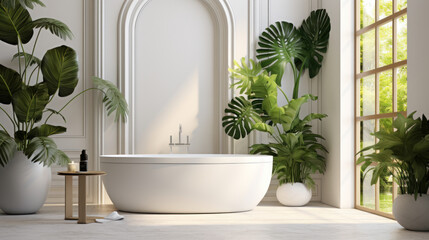 Luxurious tropical monstera half white style bathroom design idea with plants - obrazy, fototapety, plakaty