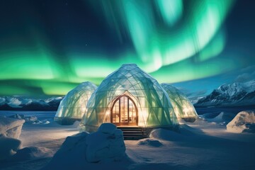 Aurora Borealis illuminating an igloo village - Arctic Wonder - AI Generated - obrazy, fototapety, plakaty