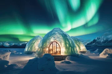 Fotobehang Aurora Borealis illuminating an igloo village - Arctic Wonder - AI Generated © Arthur