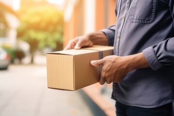 Delivering a Parcel to  a Reciever - Courier's Hands Holding a Package -   Close Up - Delivery - AI Generated