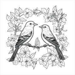 Hand drawn exotic love birds with vintage flower frame vector