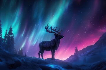 Reindeer Against Vibrant Northern Lights - Silhouette of a Lone Stag - AI Generated