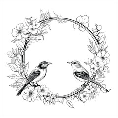 Hand drawn exotic love birds with vintage flower frame vector