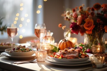 Fototapeta na wymiar Festive dining table, warmly lit, adorned with a Thanksgiving feast, space for copy - AI Generated