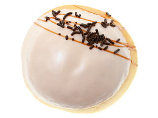 Donut in sugar-caramel glaze with salted caramel filling isolated on a white background.