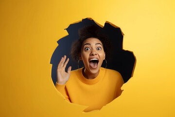 Woman surprised hole yellow. Emotional person. Generate Ai - obrazy, fototapety, plakaty